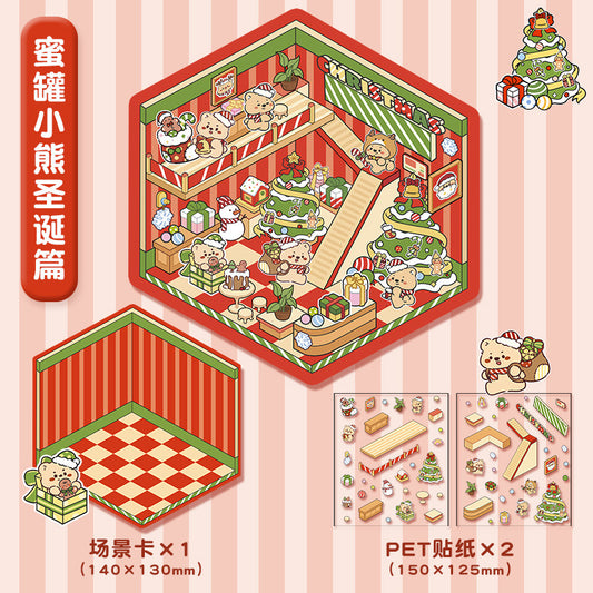 Cute Animal Christmas 3D DIY Miniature Stickers ----2 cute Scene Stickers