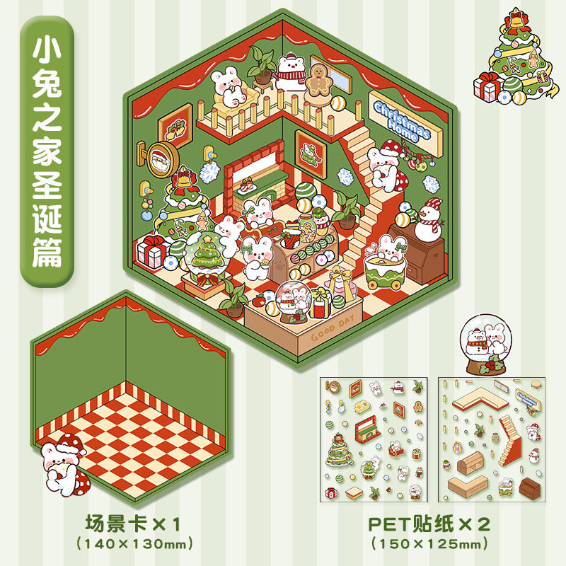 Cute Animal Christmas 3D DIY Miniature Stickers ----2 cute Scene Stickers