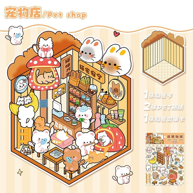 Shop Opening DIY 3D Miniature Stickers --4 Scene Stickers