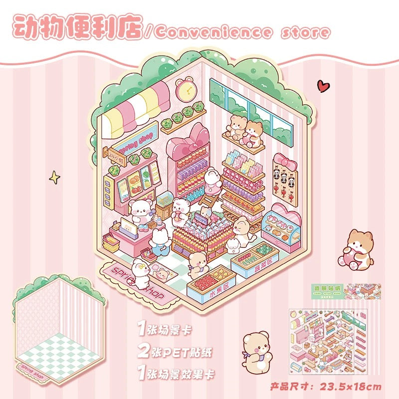 Mixed Pack 3D DIY House stickers -- 6 Miniature Scene Stickers