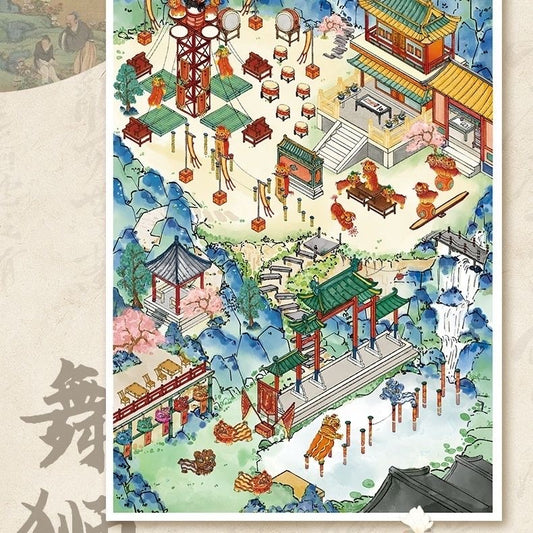 Chinese Intangible Cultural Heritage Lion Dance and Tea 3D DIY Stickers -- 2 Scene Stickers