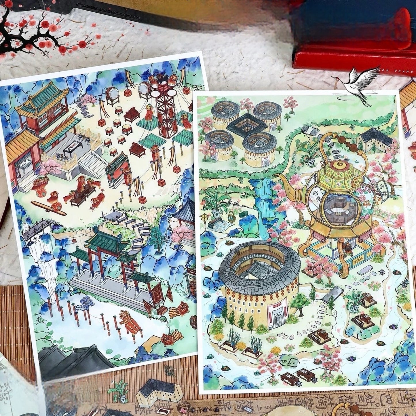 Chinese Intangible Cultural Heritage Lion Dance and Tea 3D DIY Stickers -- 2 Scene Stickers