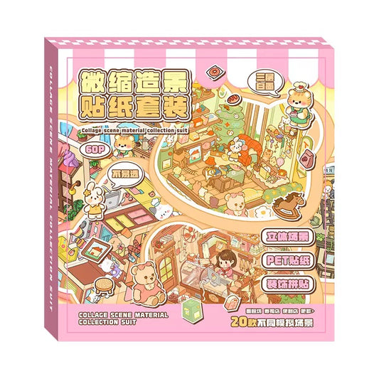 【D3】20 Scenes Cute Fairy Tale Cottage Miniature Scene Set 3D DIY Sticker Collection