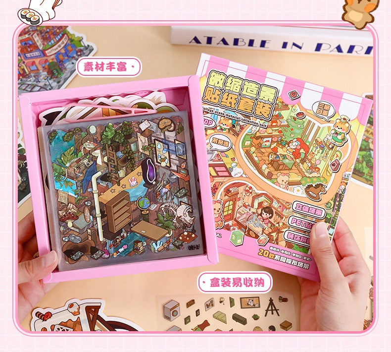 20 Scenes Cute Fairy Tale Cottage Miniature Scene Set 3D DIY Sticker Collection