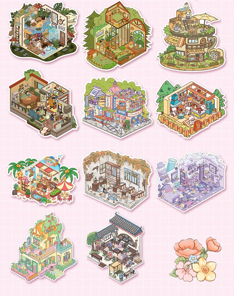 20 Scenes Cute Fairy Tale Cottage Miniature Scene Set 3D DIY Sticker Collection