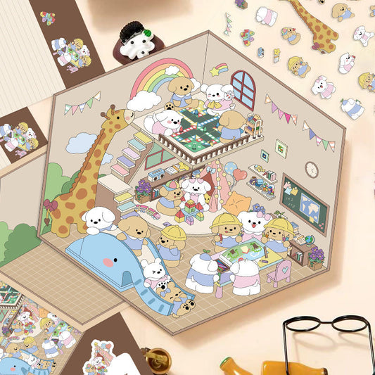 Kitty & Puppy Cute Pet 3D DIY Fun Miniature Sticker -- 4 Scene Stickers for Stress Relief