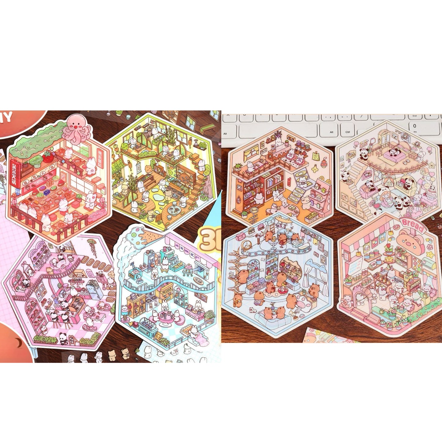 【D2】8 sets Adorable Miniature Scene Stickers for Relaxation & Stress Relief