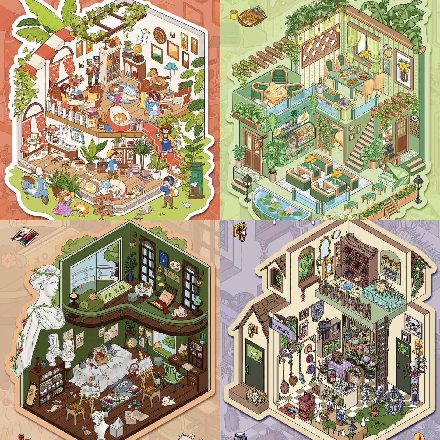 【Shop】3D Beautiful Scene Sticker - 4 Miniature Stickers ((27.5*19cm)