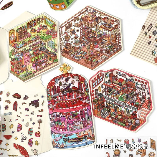 “Open for Business Today” Series 3D DIY Foldable Stickers -- 4 Scene Stixkers