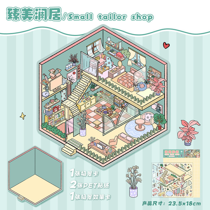 Mixed Pack 3D DIY House stickers -- 6 Miniature Scene Stickers