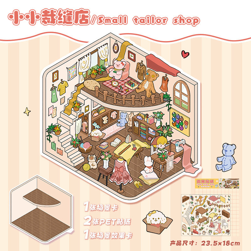 Mixed Pack 3D DIY House stickers -- 6 Miniature Scene Stickers