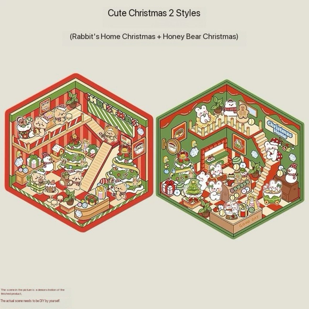 Cute Animal Christmas 3D DIY Miniature Stickers ----2 cute Scene Stickers