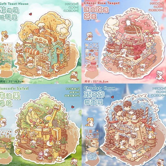 Food House DIY 3D mini relaxing Sticker---4 Cute Scenes
