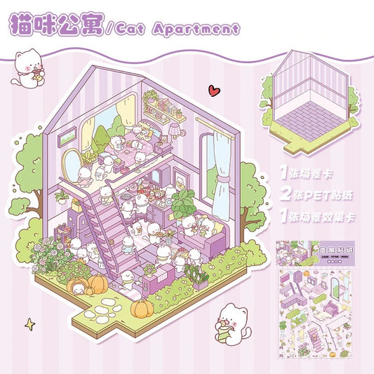 Cute Pet Collection Mini 3D DIY Relaxing Scene Stickers -- 4 Scene Stickers