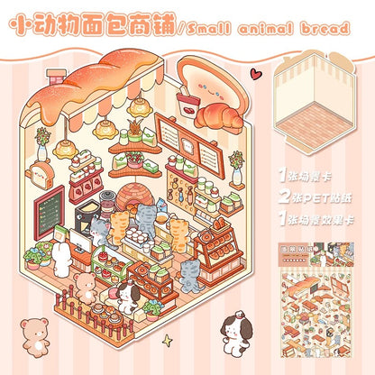 Cute Pet Collection Mini 3D DIY Relaxing Scene Stickers -- 4 Scene Stickers