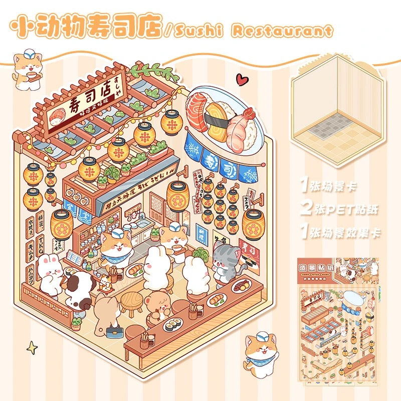 Cute Pet Collection Mini 3D DIY Relaxing Scene Stickers -- 4 Scene Stickers