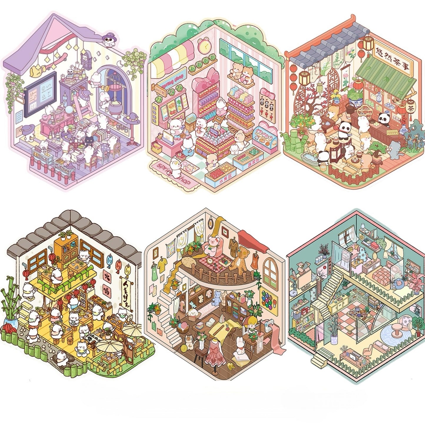 Mixed Pack 3D DIY House stickers -- 6 Miniature Scene Stickers