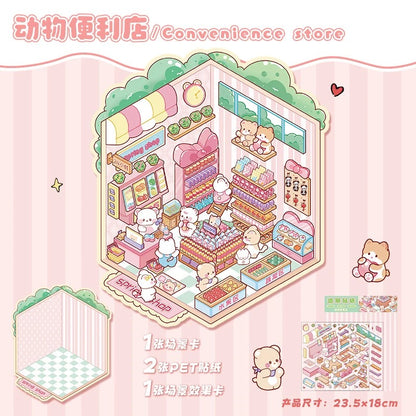 Mixed Pack 3D DIY House stickers -- 6 Miniature Scene Stickers