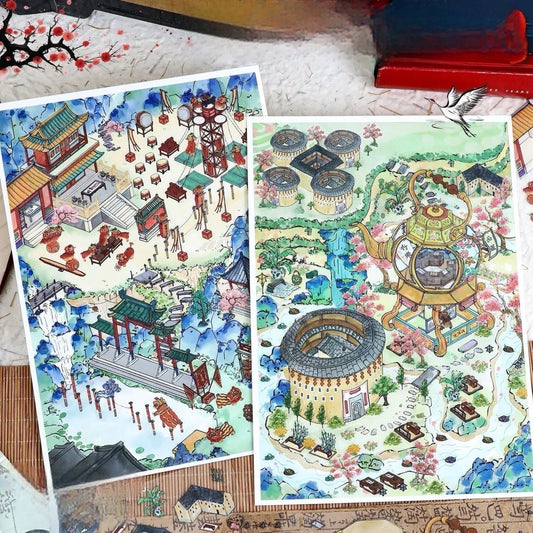 Chinese Intangible Cultural Heritage Lion Dance and Tea 3D DIY Stickers -- 2 Scene Stickers
