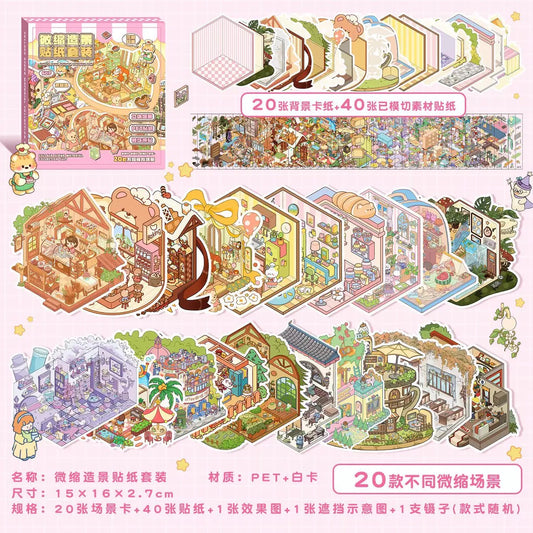 20 Scenes Cute Fairy Tale Cottage Miniature Scene Set 3D DIY Sticker Collection