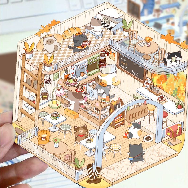 Kitty & Puppy Cute Pet 3D DIY Fun Miniature Sticker -- 4 Scene Stickers for Stress Relief