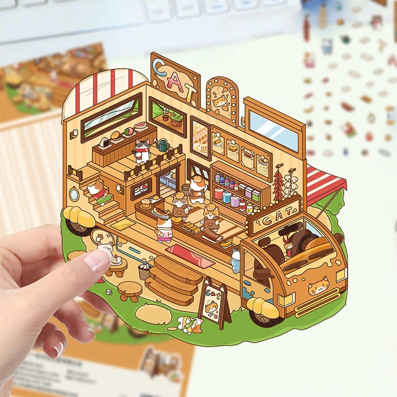 Kitty & Puppy Cute Pet 3D DIY Fun Miniature Sticker -- 4 Scene Stickers for Stress Relief