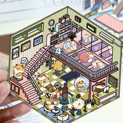 Relaxing Pet Animal Life 3D DIY Miniature Sticker - - 4 Scene Stickers