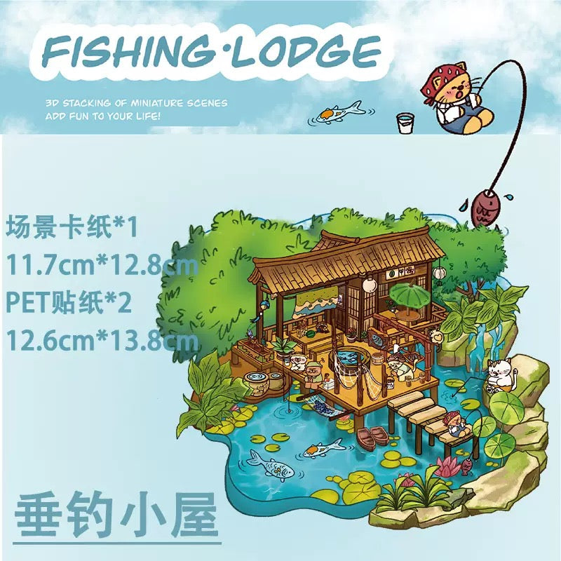 4 Sets Traditional Chinese Style 3D DIY Scene Miniature Stress-relief Stickers-Chinese Wedding & Fishing Lodge & Ancient Customs & Reunion New Year