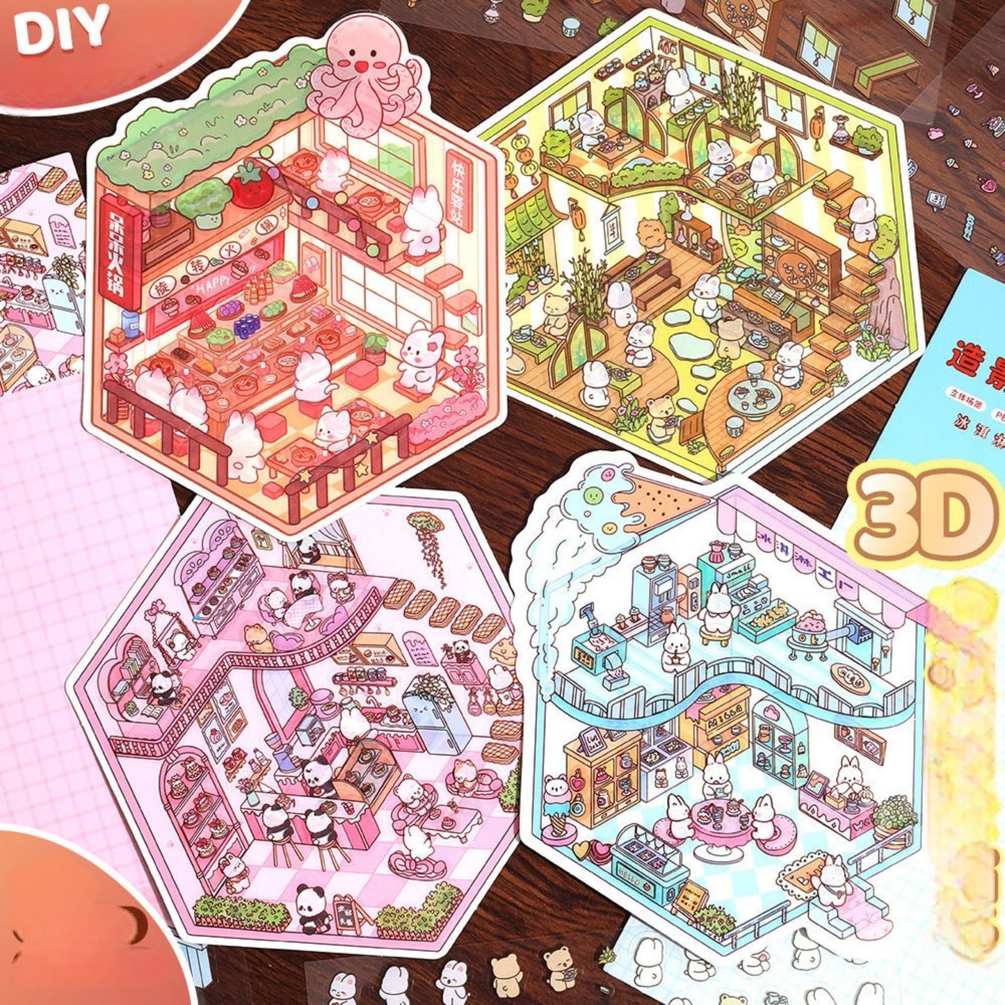 【D2】8 sets Adorable Miniature Scene Stickers for Relaxation & Stress Relief
