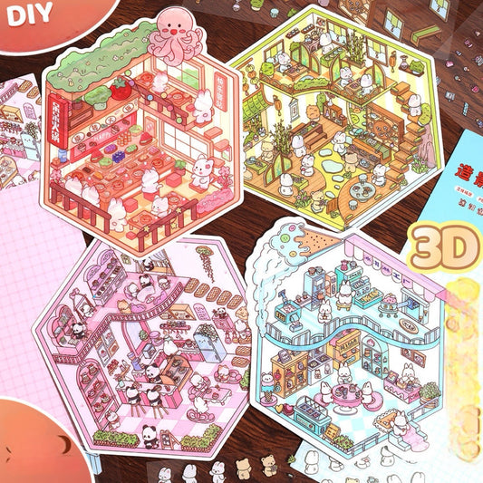 【D2】8 sets Adorable Miniature Scene Stickers for Relaxation & Stress Relief