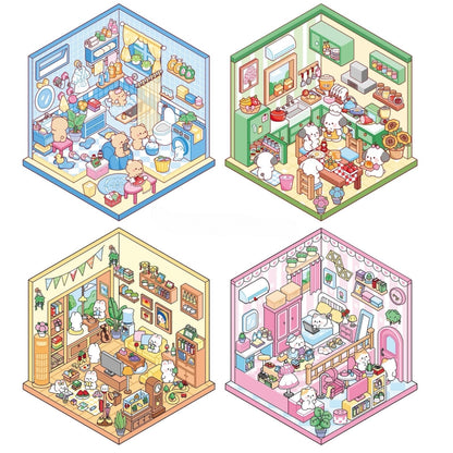 【Cute Pet Room】3D DIY Relaxing Cute Animal  Miniature Sticker - 4 Scene Stickers