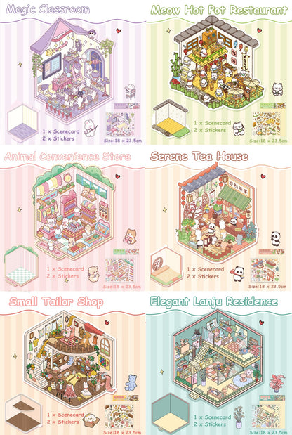 Mixed Pack 3D DIY House stickers -- 6 Miniature Scene Stickers