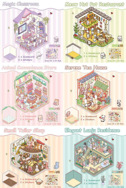 Mixed Pack 3D DIY House stickers -- 6 Miniature Scene Stickers