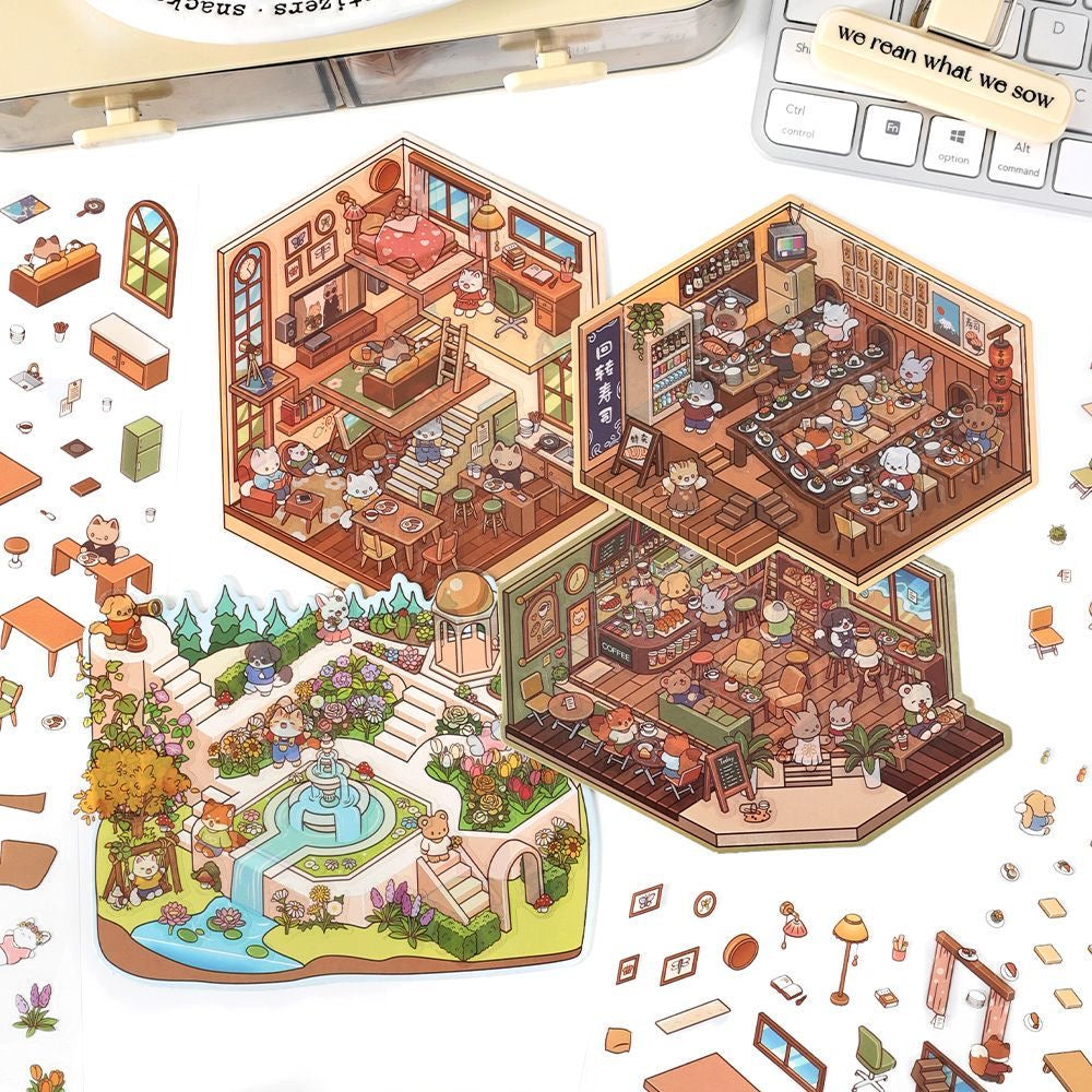 【Cornerlife】 3D DIY Relaxing Cute Cozy Miniature Sticker - 4 Scene Stickers